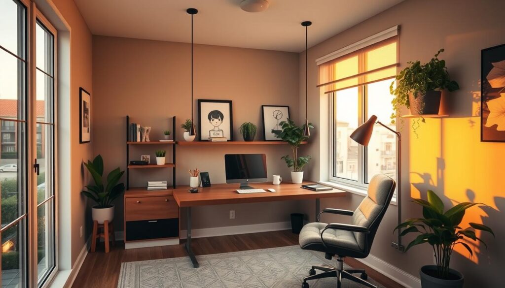 Creative office layout with floating desk and corner usage