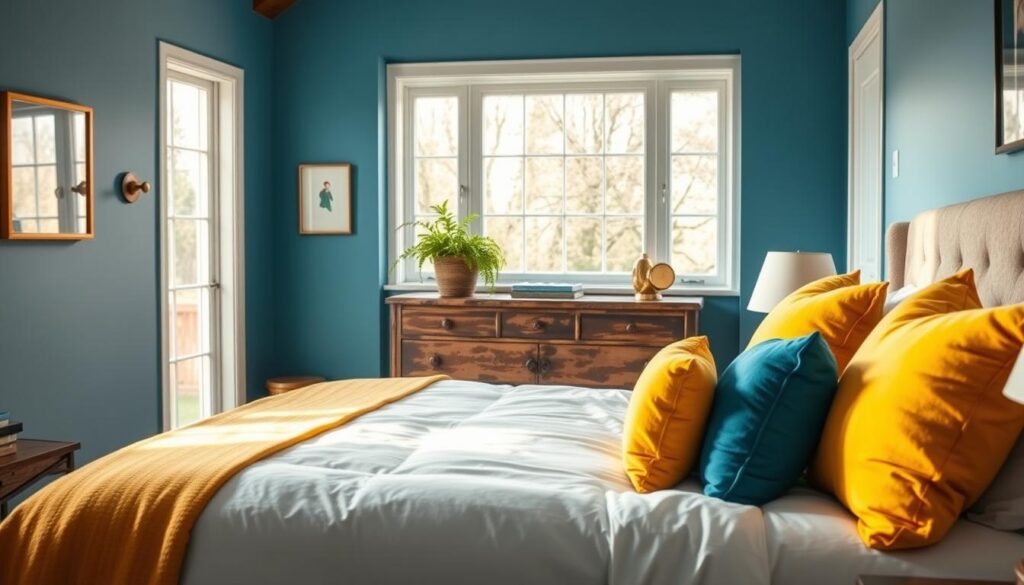 blue and yellow bedroom decor